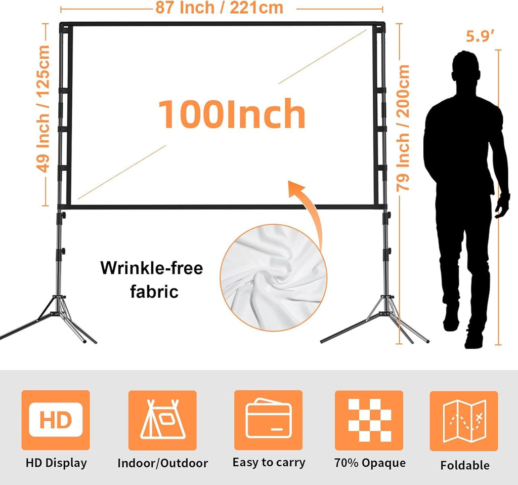 SKY-TOUCH Projector Screen with Stand, 100 inch 16:9 Portable Projection Screen with 2M High Tripod Stand and Carry Bag, Wrinkle-Free Video Projection Screens, for Home Cinema, Meeting Backyard,Clearance sale at a discount