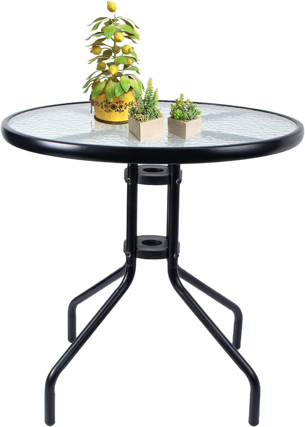 SKY-TOUCH Outdoor Patio Round coffee Table,Dining Table with Glass Table Top, Metal Frame Table for Coffee Table, Outdoor Garden Table, Patio Table,Black,60 * 60 * 70cm (with Install Video)