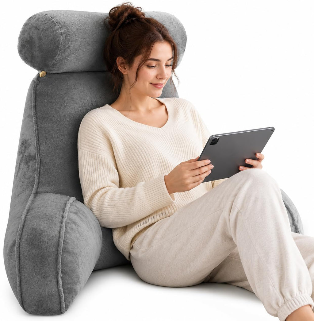 SKY-TOUCH Reading Pillow with Arms & Detachable Neck Roll – Memory Foam Reading Pillow for Bed or Sofa, Comfortable Support for Sitting, Reading, TV, Gaming - 75x40x68cm,Clearance