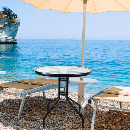 SKY-TOUCH Outdoor Patio Round coffee Table,Dining Table with Glass Table Top, Metal Frame Table for Coffee Table, Outdoor Garden Table, Patio Table,Black,60 * 60 * 70cm (with Install Video)