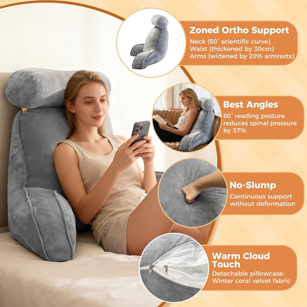 SKY-TOUCH Reading Pillow with Arms & Detachable Neck Roll – Memory Foam Reading Pillow for Bed or Sofa, Comfortable Support for Sitting, Reading, TV, Gaming - 75x40x68cm,Clearance