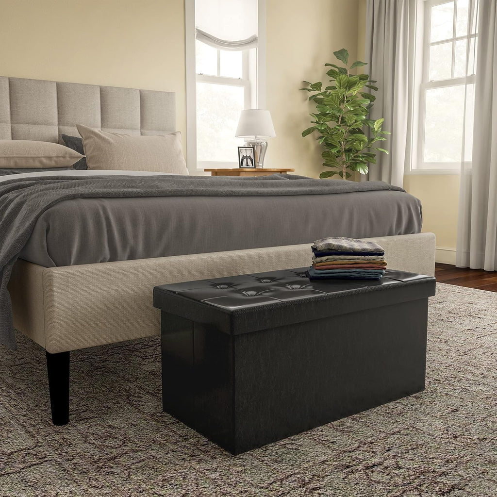 SKY-TOUCH Ottoman Storage Box, 100x40x40cm, PU Leather Shoe Bench with Solid Wood Frame, Black, Ideal for Bedroom, Living Room, and Footstool