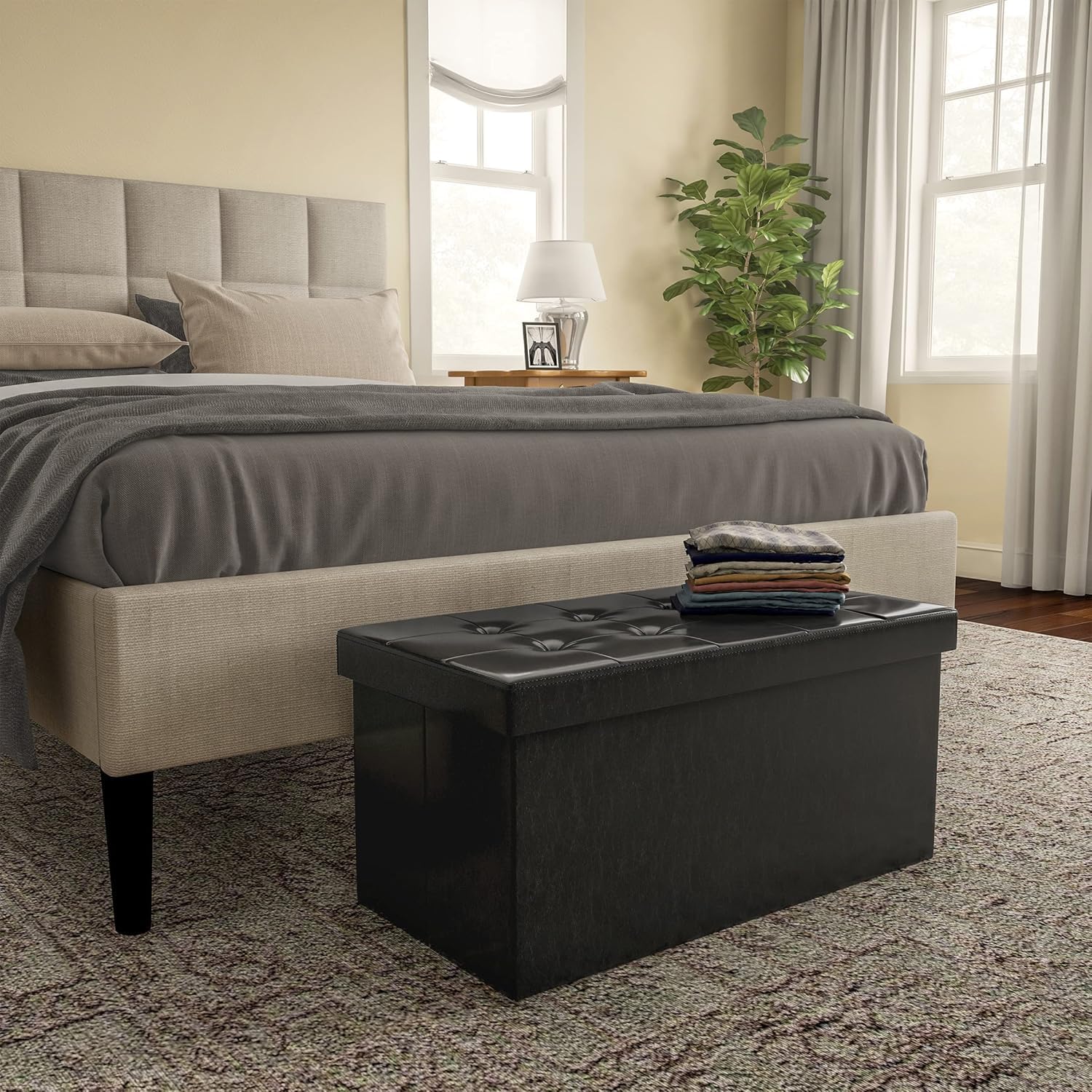 SKY-TOUCH Ottoman Storage Box, 100x40x40cm, PU Leather Shoe Bench with Solid Wood Frame, Black, Ideal for Bedroom, Living Room, and Footstool