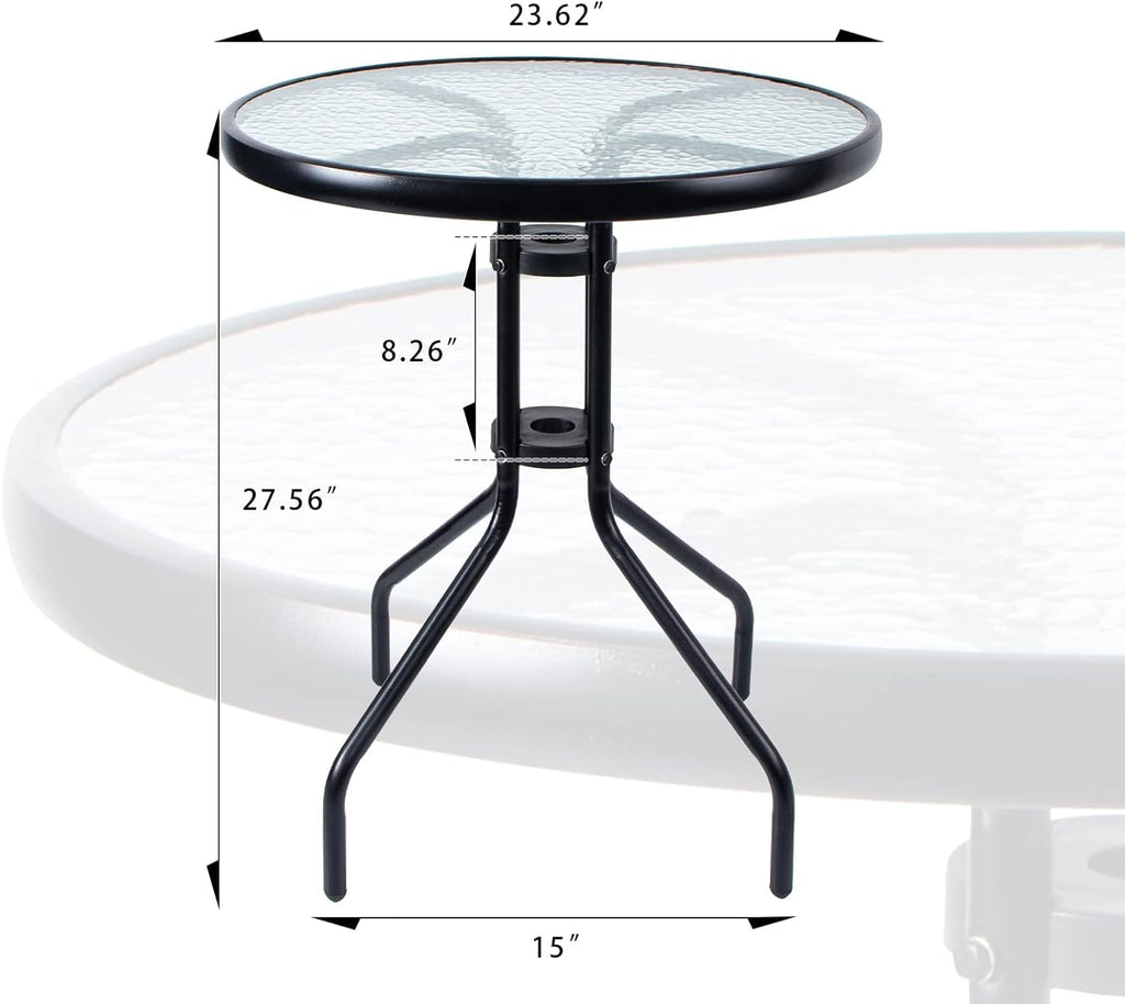 SKY-TOUCH Outdoor Patio Round coffee Table,Dining Table with Glass Table Top, Metal Frame Table for Coffee Table, Outdoor Garden Table, Patio Table,Black,60 * 60 * 70cm (with Install Video)