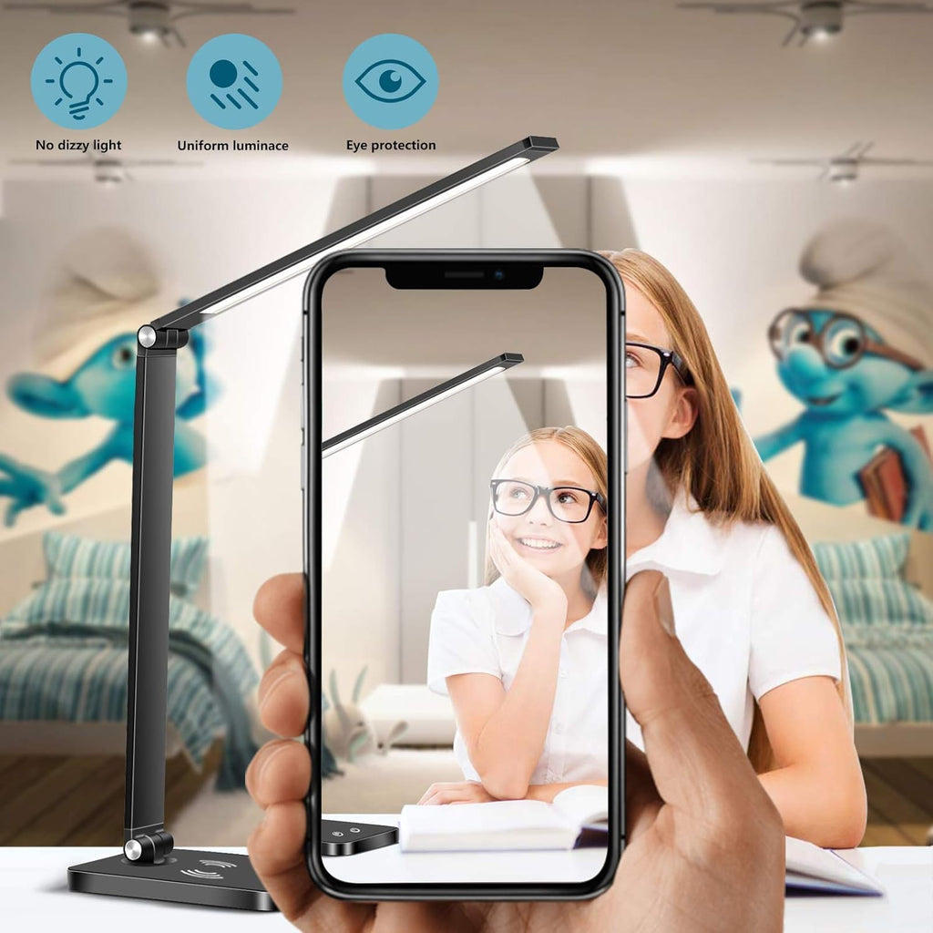 SKY-TOUCH Desk Lamp, Eye-Caring LED Table Lamp Dimmable Bedside Lamp with 2 USB Charging Ports and 10 Brightness Levels x 5 Colour Modes Touch Control for Office, Bedside, Reading- Auto Timer,Clearance