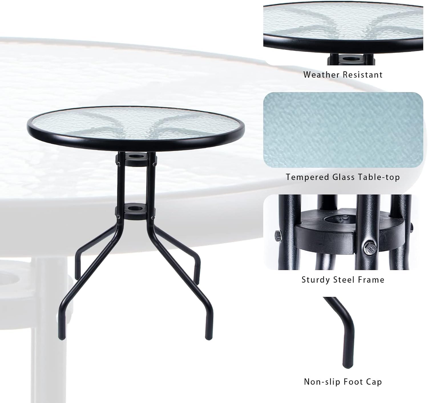 SKY-TOUCH Outdoor Patio Round coffee Table,Dining Table with Glass Table Top, Metal Frame Table for Coffee Table, Outdoor Garden Table, Patio Table,Black,60 * 60 * 70cm (with Install Video)