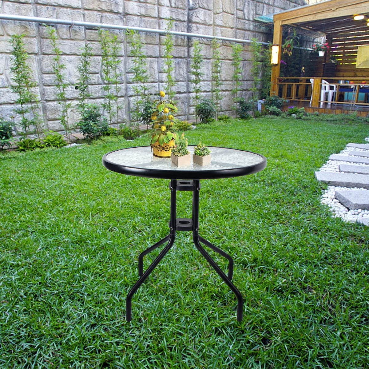 SKY-TOUCH Outdoor Patio Round coffee Table,Dining Table with Glass Table Top, Metal Frame Table for Coffee Table, Outdoor Garden Table, Patio Table,Black,60 * 60 * 70cm (with Install Video)
