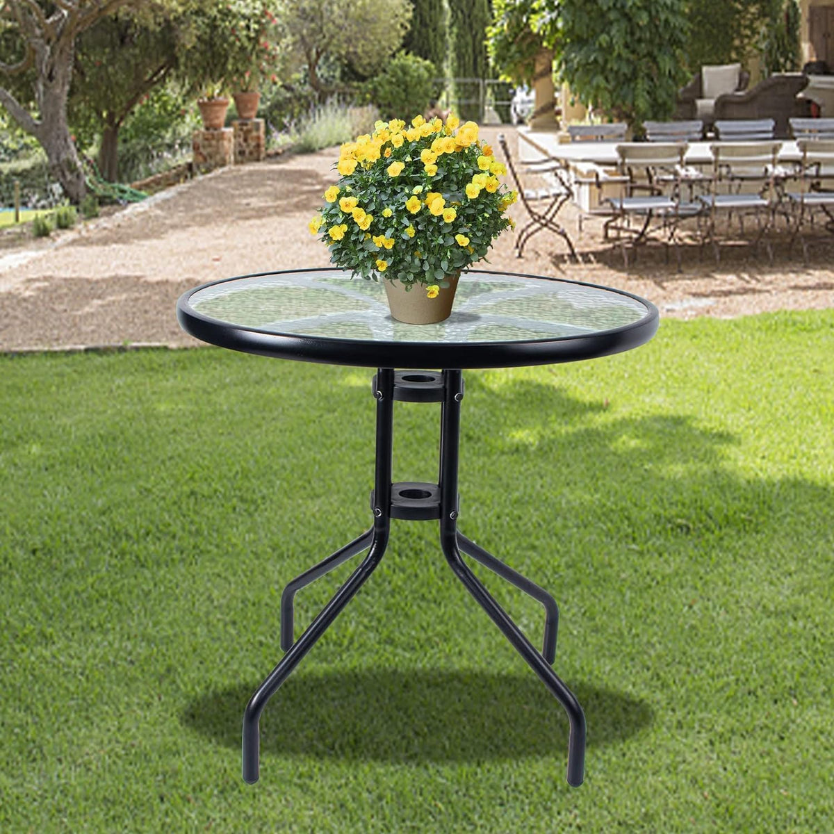 SKY-TOUCH Outdoor Patio Round coffee Table,Dining Table with Glass Table Top, Metal Frame Table for Coffee Table, Outdoor Garden Table, Patio Table,Black,60 * 60 * 70cm (with Install Video)