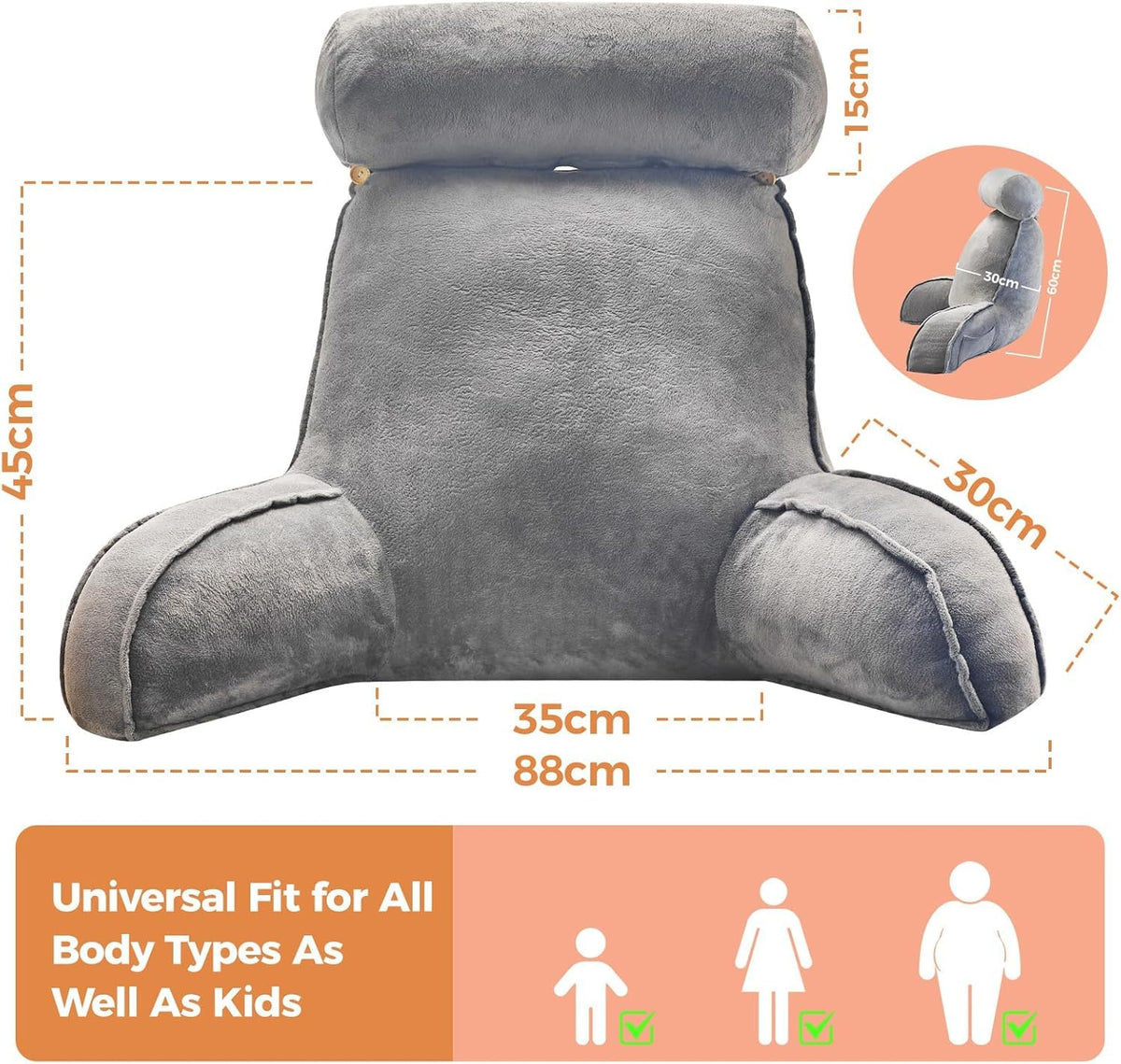 SKY-TOUCH Reading Pillow with Arms & Detachable Neck Roll – Memory Foam Reading Pillow for Bed or Sofa, Comfortable Support for Sitting, Reading, TV, Gaming - 75x40x68cm,Clearance
