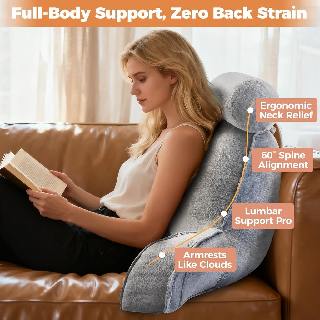SKY-TOUCH Reading Pillow with Arms & Detachable Neck Roll – Memory Foam Reading Pillow for Bed or Sofa, Comfortable Support for Sitting, Reading, TV, Gaming - 75x40x68cm,Clearance